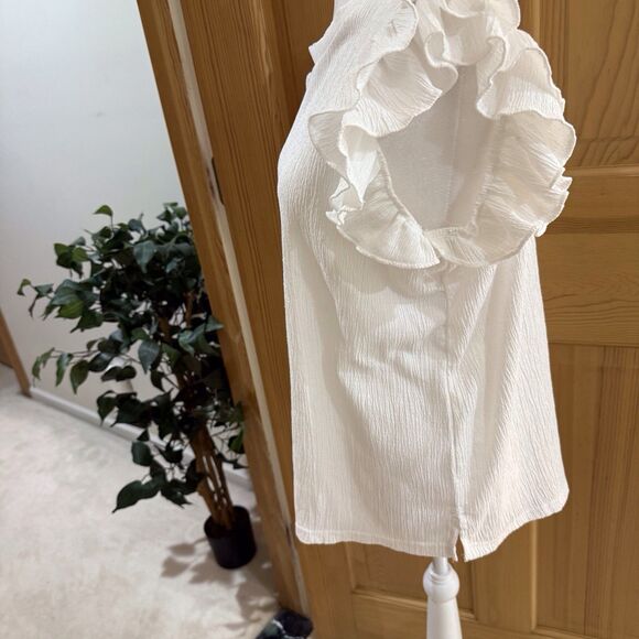 Anthropologie THML Women’s White Joselyn Top Small Ruffle Cap Sleeves Stretch - Picture 14 of 14